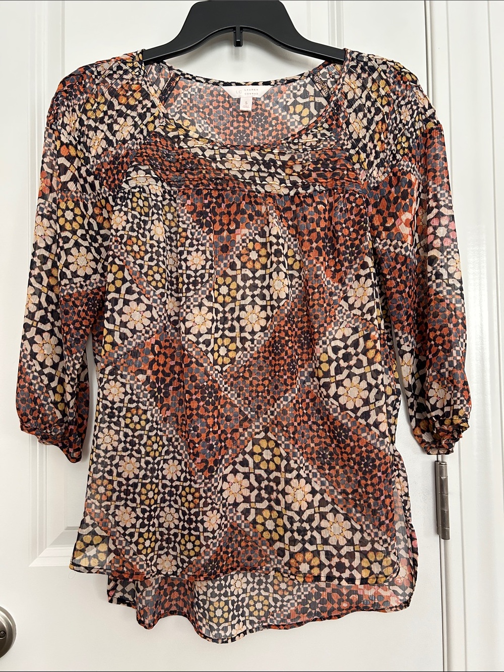 LC Lauren Conrad Patchwork Floral Geometric Blouse - Rust, Black, Cream, S